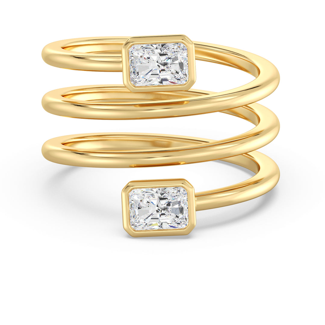 Radiant-Cut Dual Stone Lab-Grown Diamond Spiral Statement Ring in 18K Yellow Gold with Bezel Setting, featuring 1.0 ct EF/VS IGI Certified diamonds