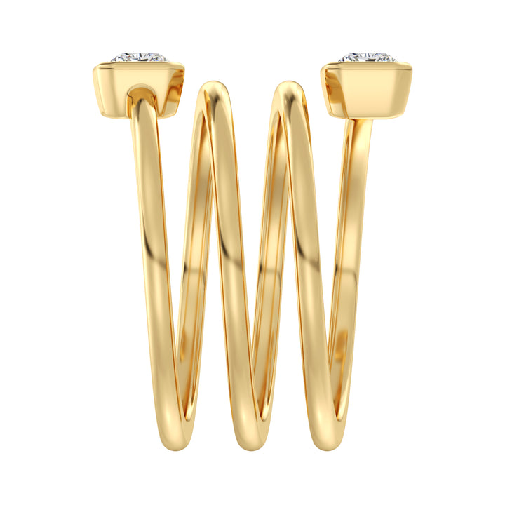 Radiant-Cut Dual Stone Lab-Grown Diamond Spiral Statement Ring in 18K Yellow Gold with Bezel Setting, featuring 1.0 ct EF/VS IGI Certified diamonds