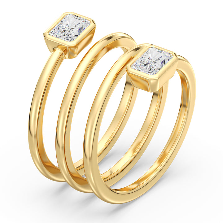 Radiant-Cut Dual Stone Lab-Grown Diamond Spiral Statement Ring in 18K Yellow Gold with Bezel Setting, featuring 1.0 ct EF/VS IGI Certified diamonds