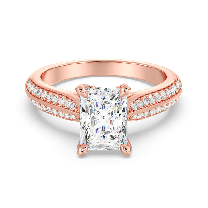 Radiant Cut Lab-Grown Diamond Engagement Ring with Pavé Band in 18K Rose Gold, showcasing a dazzling centerpiece and 72 round side stones.