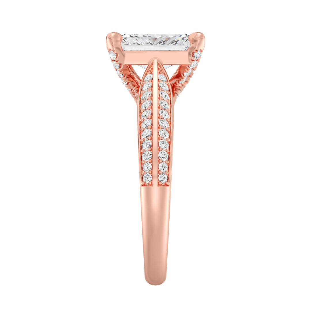 Radiant Cut Lab-Grown Diamond Engagement Ring with Pavé Band in 18K Rose Gold, showcasing a dazzling centerpiece and 72 round side stones.