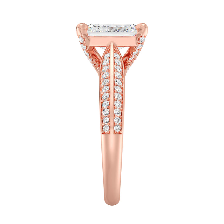 Radiant Cut Lab-Grown Diamond Engagement Ring with Pavé Band in 18K Rose Gold, showcasing a dazzling centerpiece and 72 round side stones.