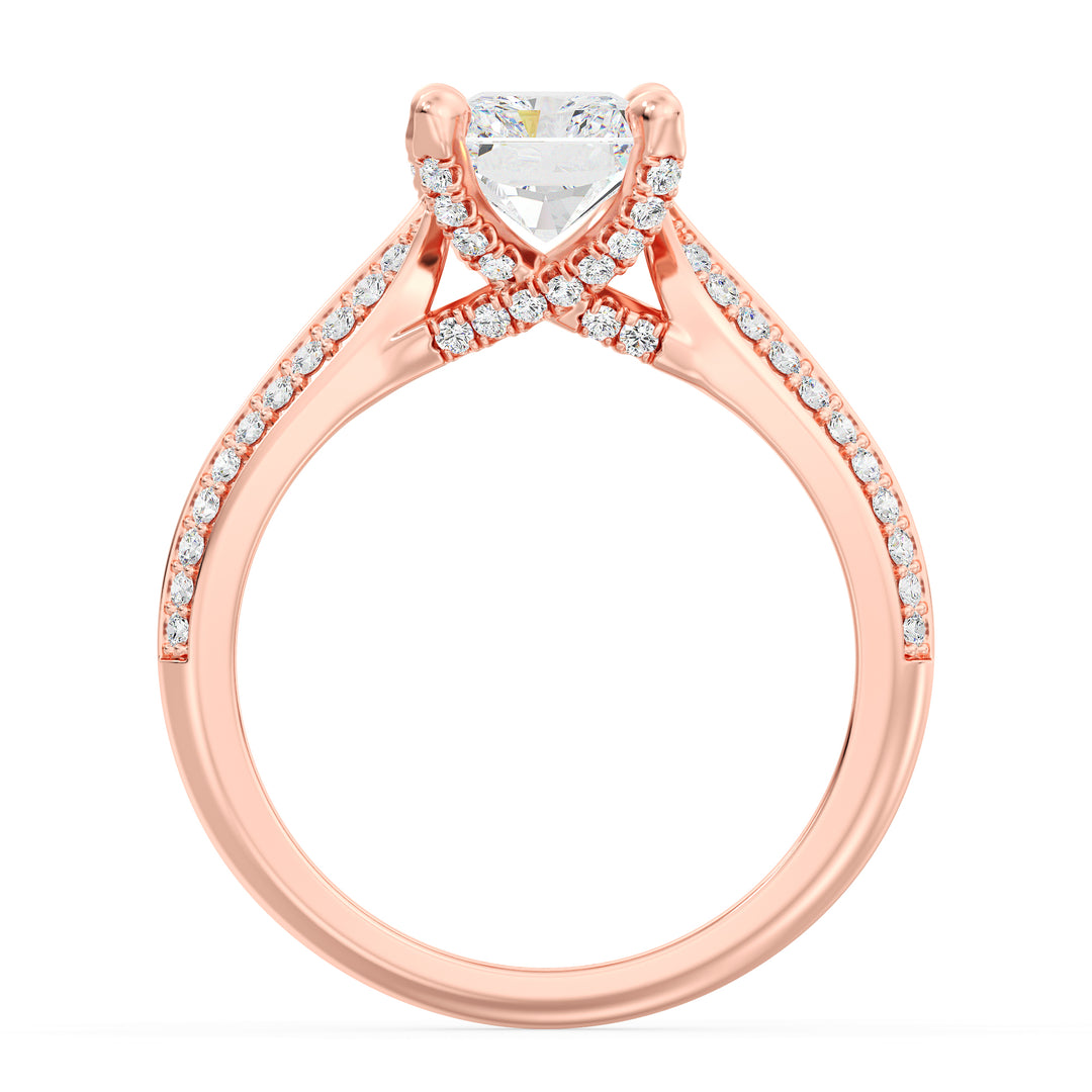Radiant Cut Lab-Grown Diamond Engagement Ring with Pavé Band in 18K Rose Gold, showcasing a dazzling centerpiece and 72 round side stones.