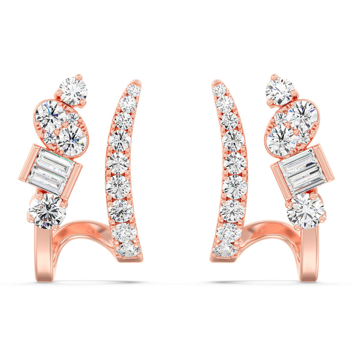 18K Rose Gold Diamond-Studded Hoop Earrings adorned with round and baguette lab-grown diamonds, offering a warm and sophisticated sparkle with EF color and VS clarity