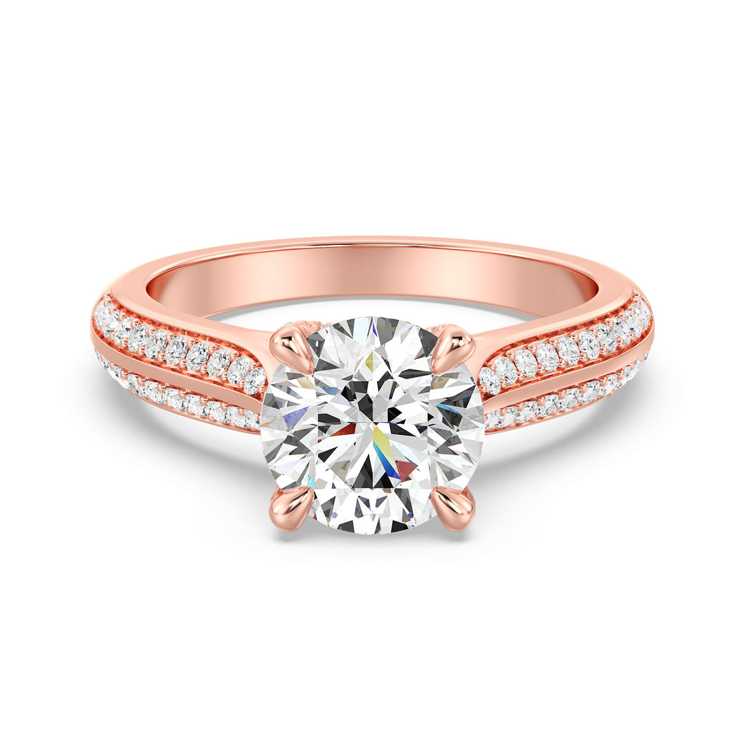 Round-Cut Lab-Grown Diamond Engagement Ring with Pavé Band in 18K Rose Gold, showcasing a dazzling center diamond and 74 pavé-set side stones