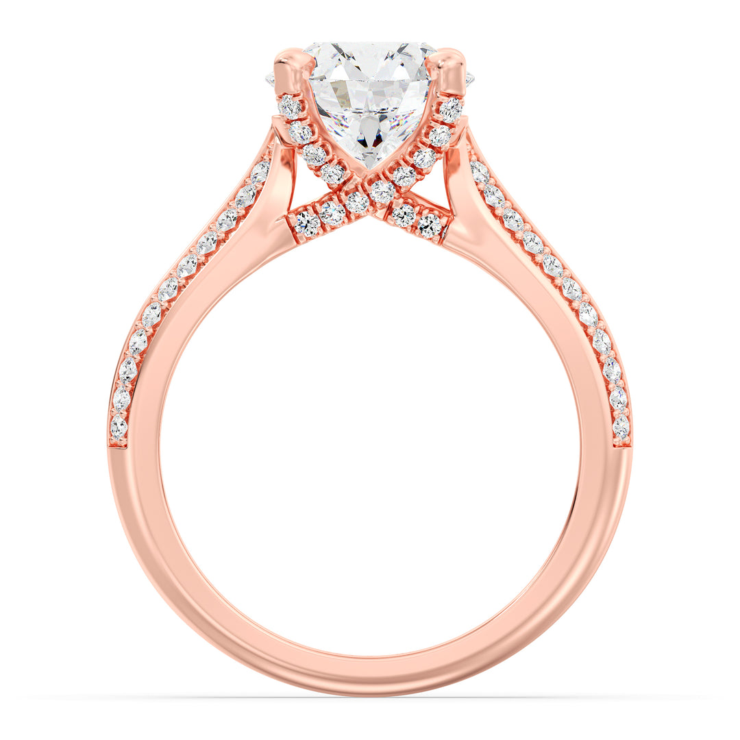 Round-Cut Lab-Grown Diamond Engagement Ring with Pavé Band in 18K Rose Gold, showcasing a dazzling center diamond and 74 pavé-set side stones