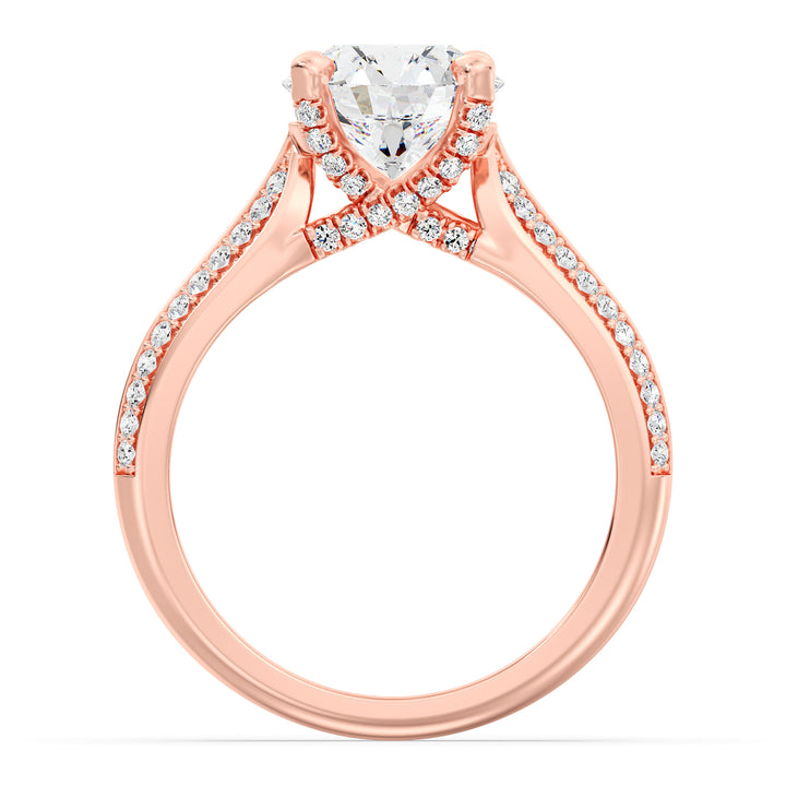 Round-Cut Lab-Grown Diamond Engagement Ring with Pavé Band in 18K Rose Gold, showcasing a dazzling center diamond and 74 pavé-set side stones
