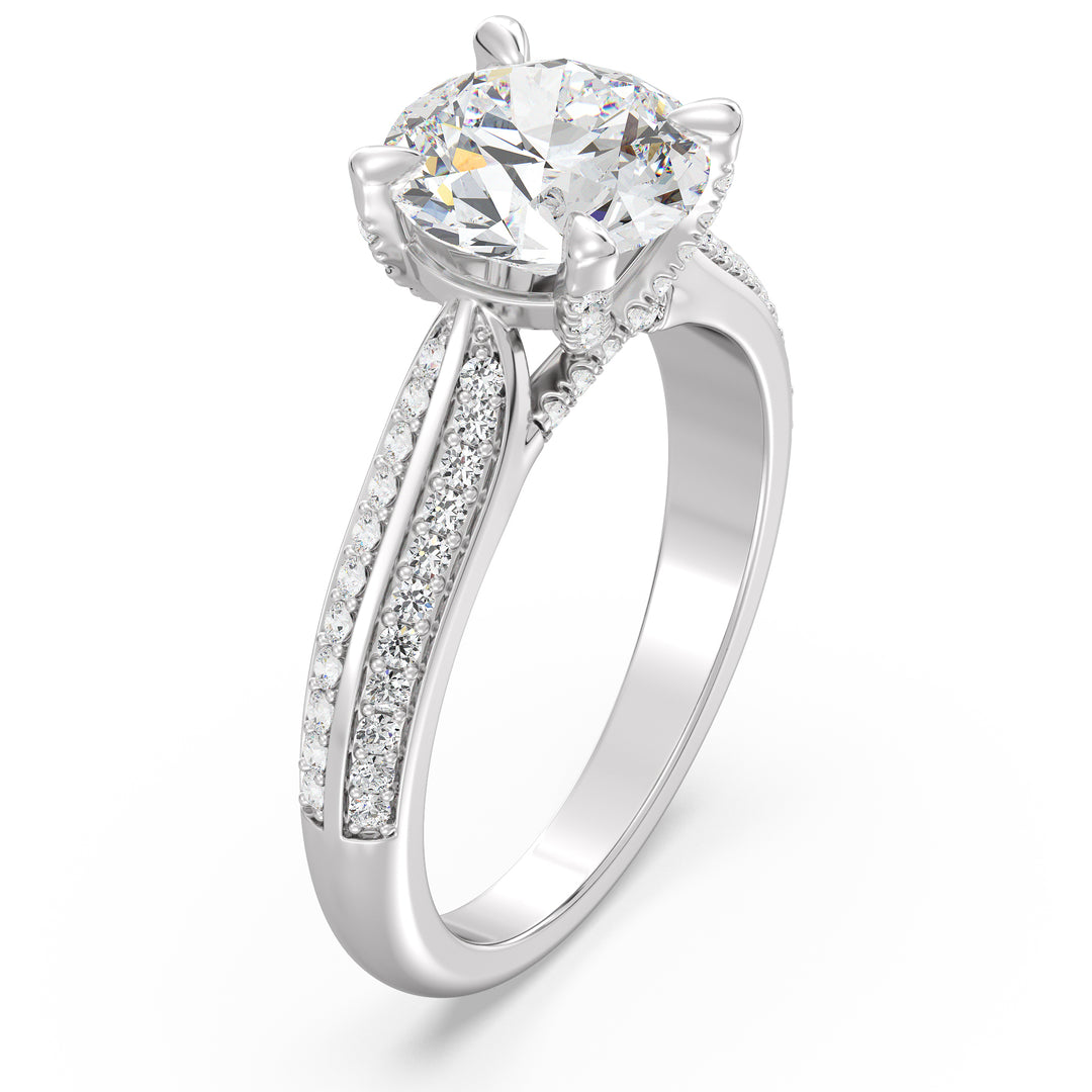 Round-Cut Lab-Grown Diamond Engagement Ring with Pavé Band in 18K White Gold, highlighted by a brilliant center diamond and 74 pavé-set side stones.