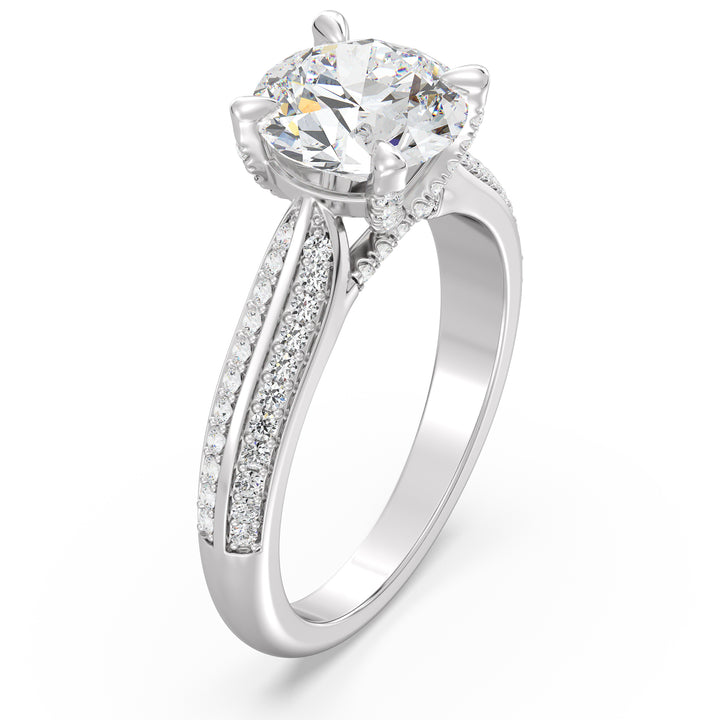 Round-Cut Lab-Grown Diamond Engagement Ring with Pavé Band in 18K White Gold, highlighted by a brilliant center diamond and 74 pavé-set side stones.