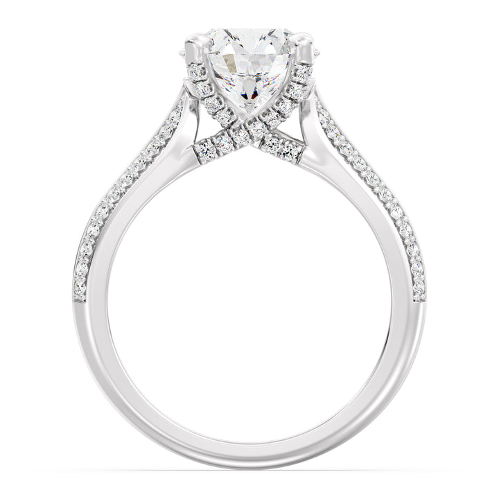 Round-Cut Lab-Grown Diamond Engagement Ring with Pavé Band in 18K White Gold, highlighted by a brilliant center diamond and 74 pavé-set side stones.
