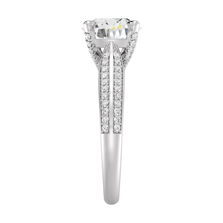Round-Cut Lab-Grown Diamond Engagement Ring with Pavé Band in 18K White Gold, highlighted by a brilliant center diamond and 74 pavé-set side stones.