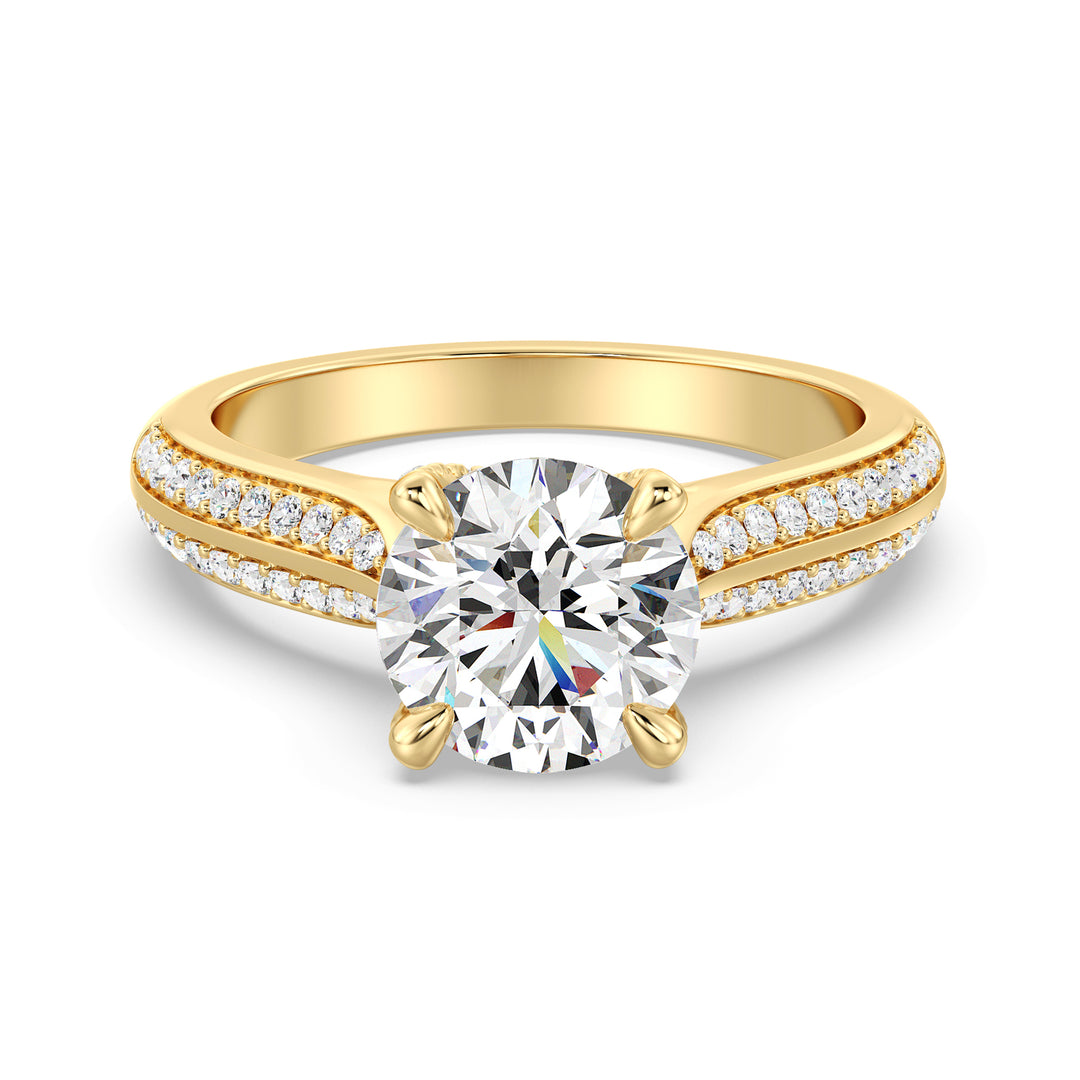 Round-Cut Lab-Grown Diamond Engagement Ring with Pavé Band in 18K Yellow Gold, featuring a sparkling center diamond and 74 pavé-set side stones