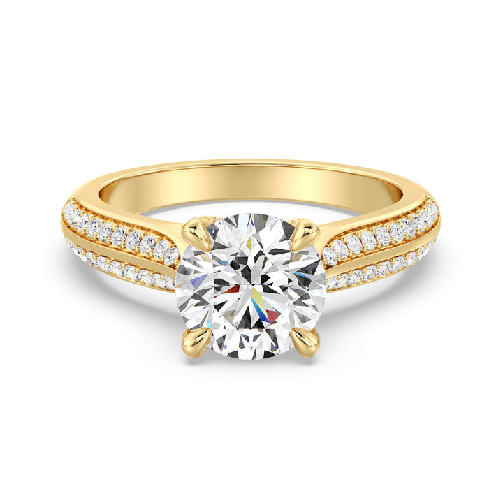 Round-Cut Lab-Grown Diamond Engagement Ring with Pavé Band in 18K Yellow Gold, featuring a sparkling center diamond and 74 pavé-set side stones