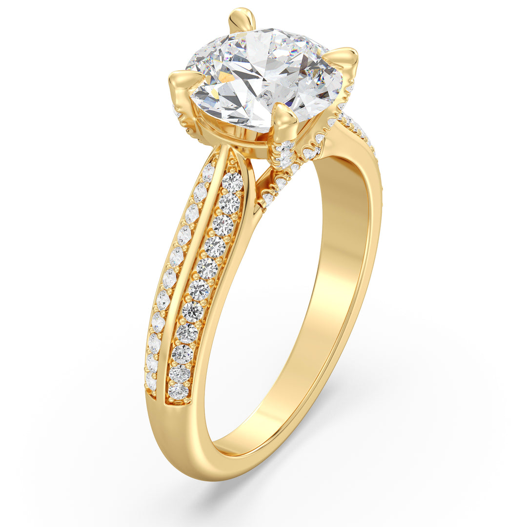Round-Cut Lab-Grown Diamond Engagement Ring with Pavé Band in 18K Yellow Gold, featuring a sparkling center diamond and 74 pavé-set side stones