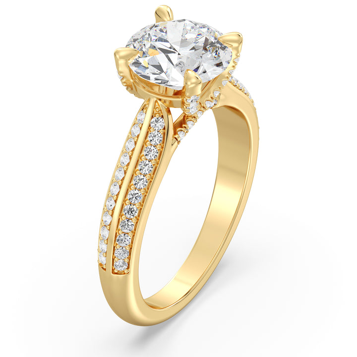 Round-Cut Lab-Grown Diamond Engagement Ring with Pavé Band in 18K Yellow Gold, featuring a sparkling center diamond and 74 pavé-set side stones