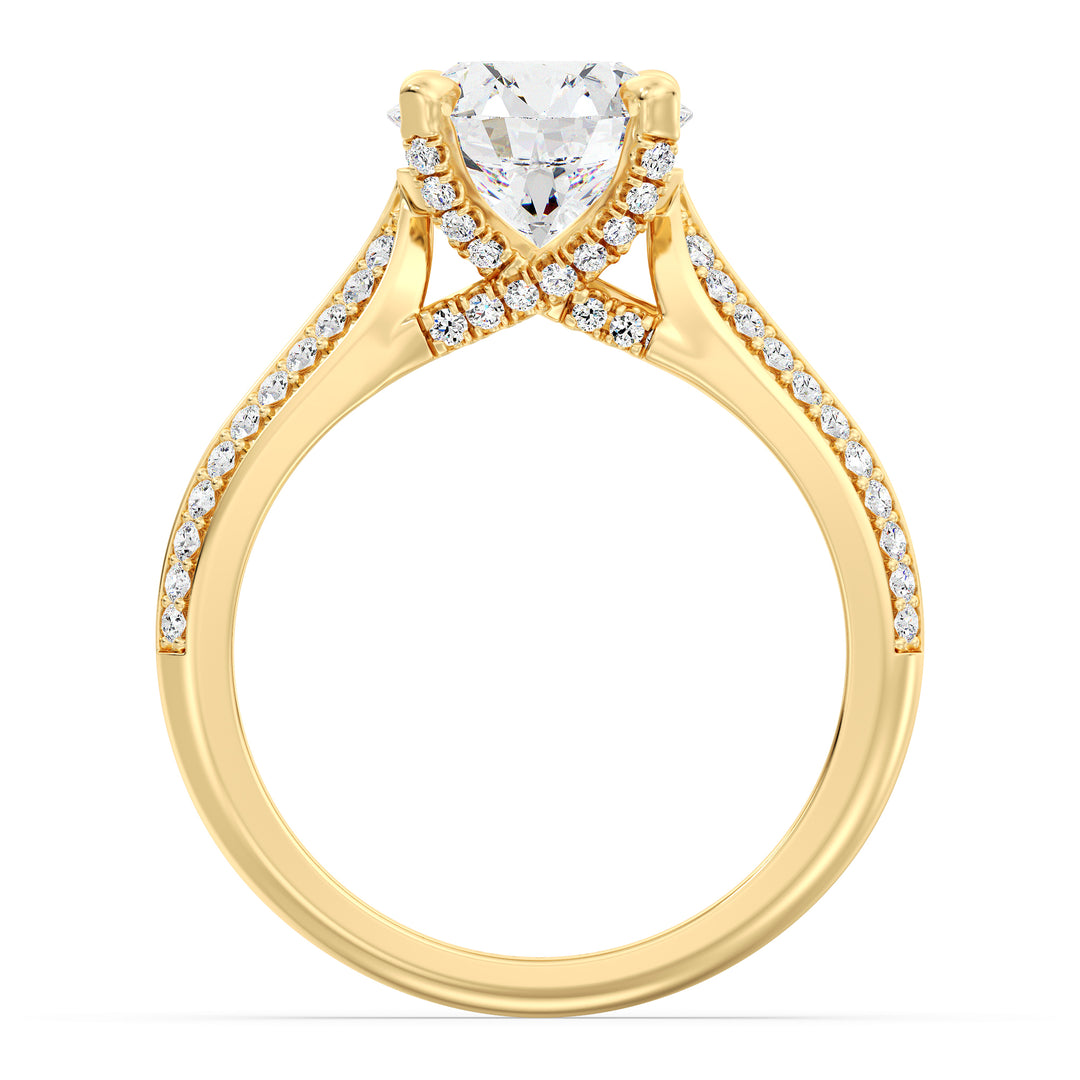 Round-Cut Lab-Grown Diamond Engagement Ring with Pavé Band in 18K Yellow Gold, featuring a sparkling center diamond and 74 pavé-set side stones