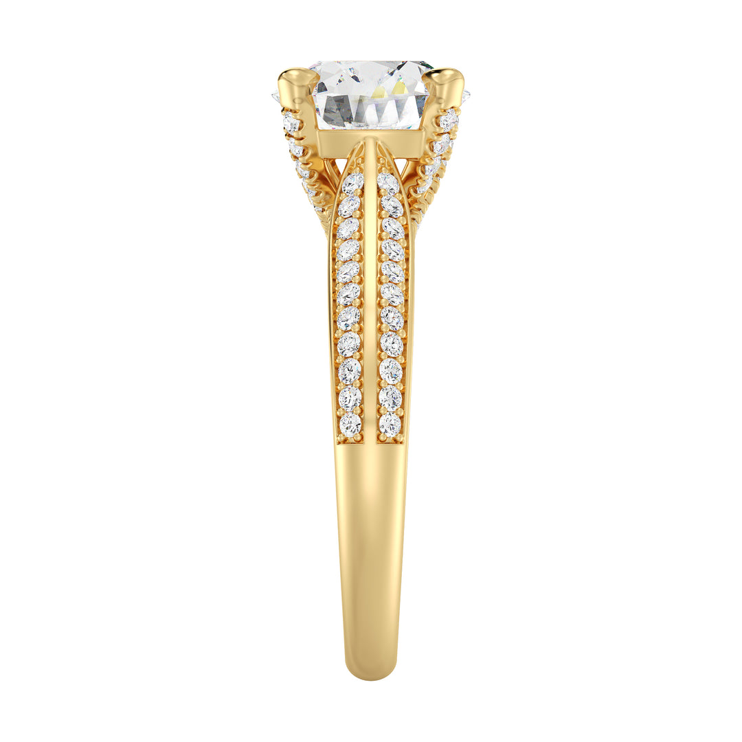 Round-Cut Lab-Grown Diamond Engagement Ring with Pavé Band in 18K Yellow Gold, featuring a sparkling center diamond and 74 pavé-set side stones