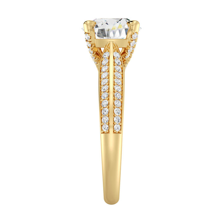 Round-Cut Lab-Grown Diamond Engagement Ring with Pavé Band in 18K Yellow Gold, featuring a sparkling center diamond and 74 pavé-set side stones