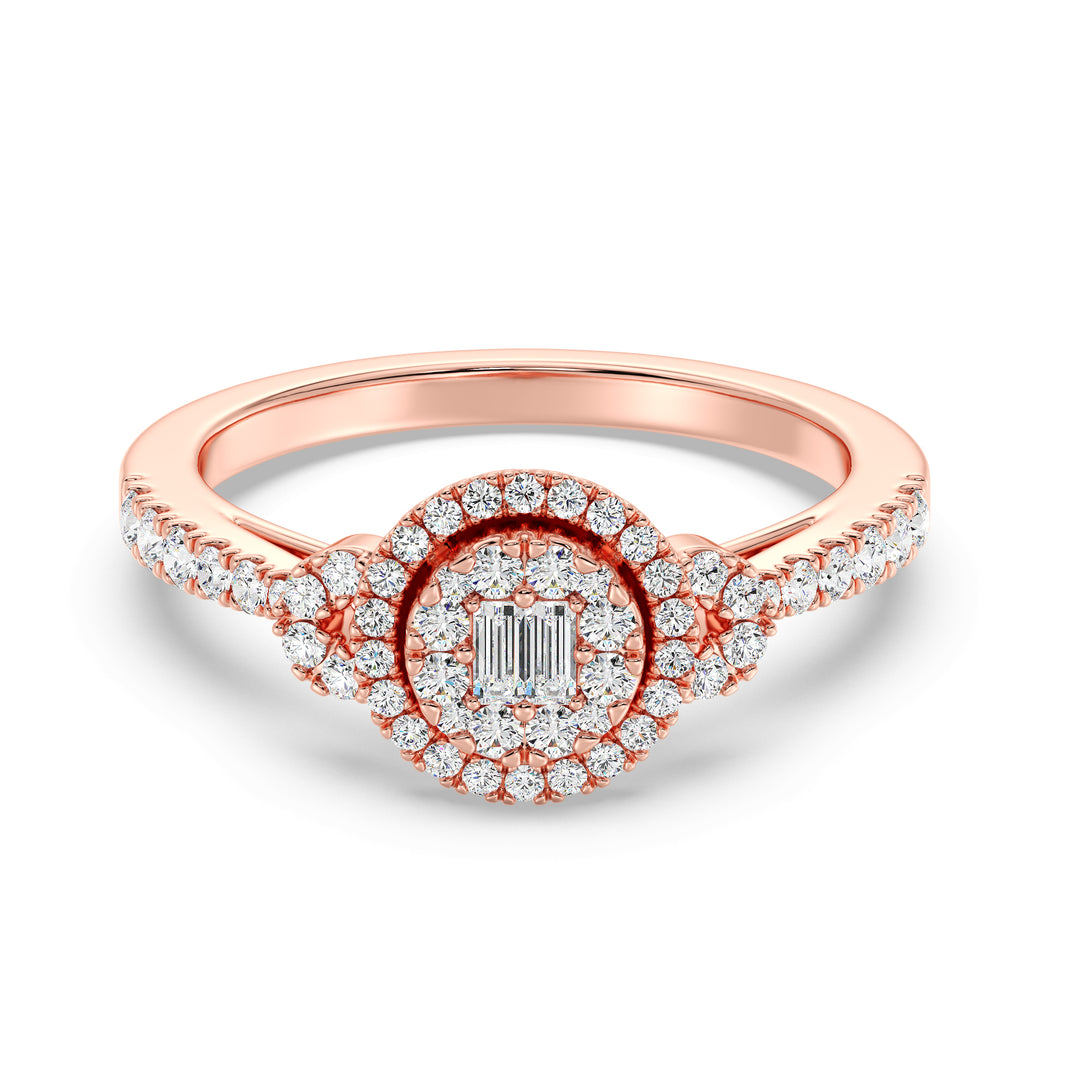 Round Cluster Halo Engagement Ring in 18K rose gold featuring 0.54 CTTW lab-grown diamonds with round and baguette shapes, offering a warm and romantic appeal