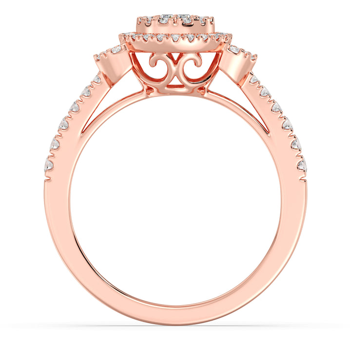 Round Cluster Halo Engagement Ring in 18K rose gold featuring 0.54 CTTW lab-grown diamonds with round and baguette shapes, offering a warm and romantic appeal