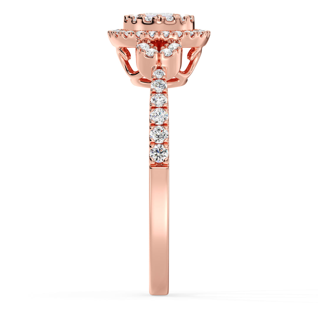 Round Cluster Halo Engagement Ring in 18K rose gold featuring 0.54 CTTW lab-grown diamonds with round and baguette shapes, offering a warm and romantic appeal