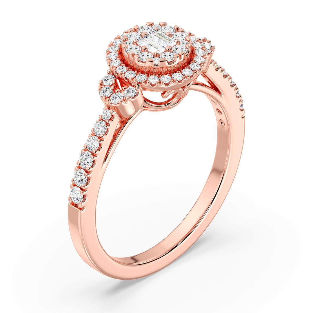 Round Cluster Halo Engagement Ring in 18K rose gold featuring 0.54 CTTW lab-grown diamonds with round and baguette shapes, offering a warm and romantic appeal