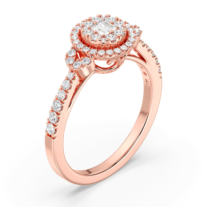 Round Cluster Halo Engagement Ring in 18K rose gold featuring 0.54 CTTW lab-grown diamonds with round and baguette shapes, offering a warm and romantic appeal
