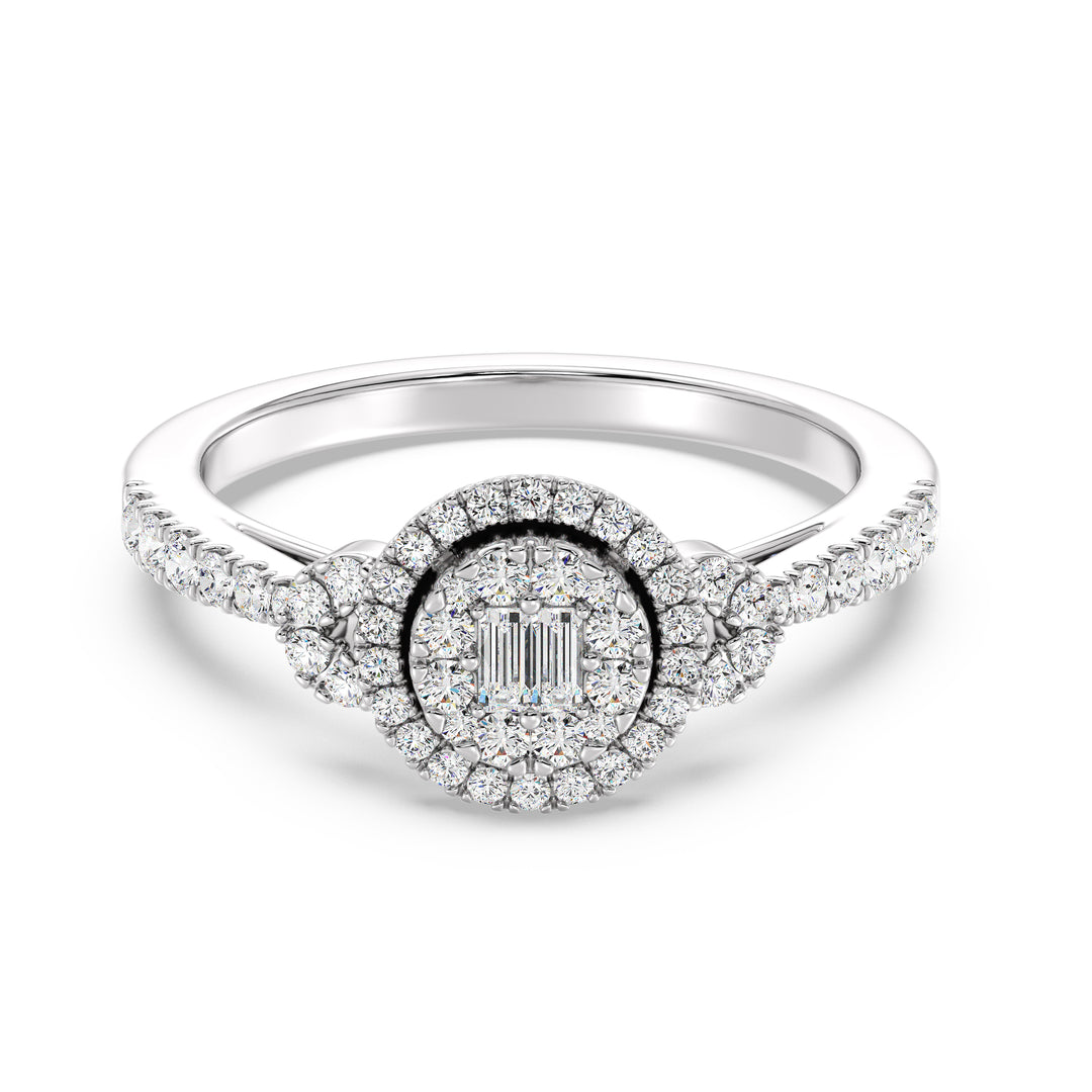 Round Cluster Halo Engagement Ring in 18K white gold featuring 0.54 CTTW lab-grown diamonds with round and baguette shapes, exuding a modern and sophisticated charm.
