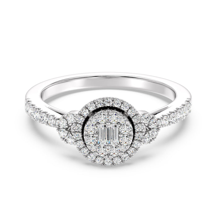 Round Cluster Halo Engagement Ring in 18K white gold featuring 0.54 CTTW lab-grown diamonds with round and baguette shapes, exuding a modern and sophisticated charm.