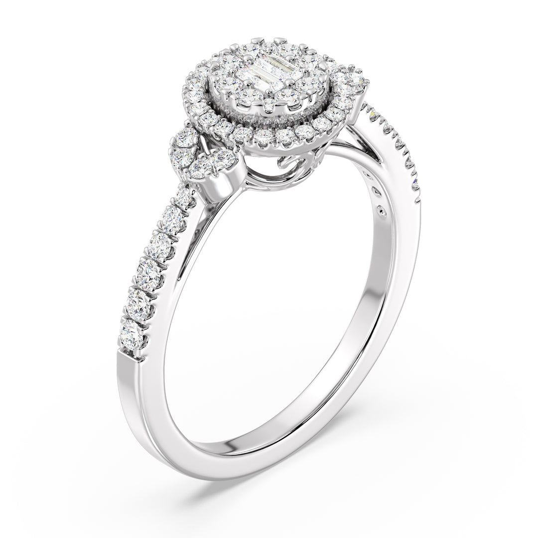 Round Cluster Halo Engagement Ring in 18K white gold featuring 0.54 CTTW lab-grown diamonds with round and baguette shapes, exuding a modern and sophisticated charm.