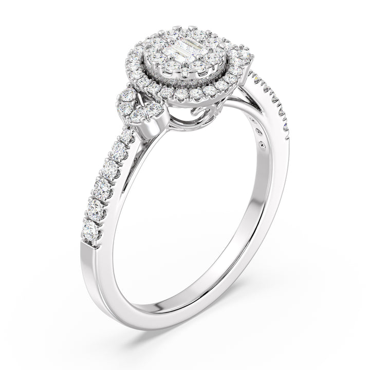 Round Cluster Halo Engagement Ring in 18K white gold featuring 0.54 CTTW lab-grown diamonds with round and baguette shapes, exuding a modern and sophisticated charm.