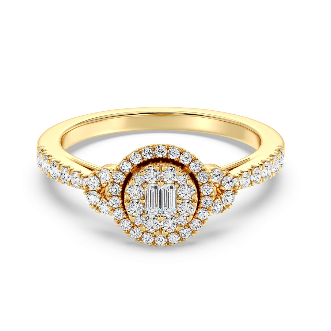 Round Cluster Halo Engagement Ring in 18K yellow gold featuring 0.54 CTTW lab-grown diamonds with round and baguette shapes, radiating brilliance and timeless elegance.