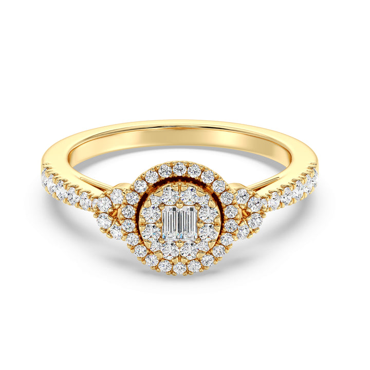 Round Cluster Halo Engagement Ring in 18K yellow gold featuring 0.54 CTTW lab-grown diamonds with round and baguette shapes, radiating brilliance and timeless elegance.