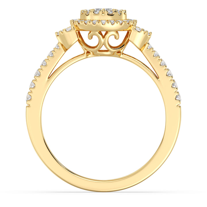 Round Cluster Halo Engagement Ring in 18K yellow gold featuring 0.54 CTTW lab-grown diamonds with round and baguette shapes, radiating brilliance and timeless elegance.