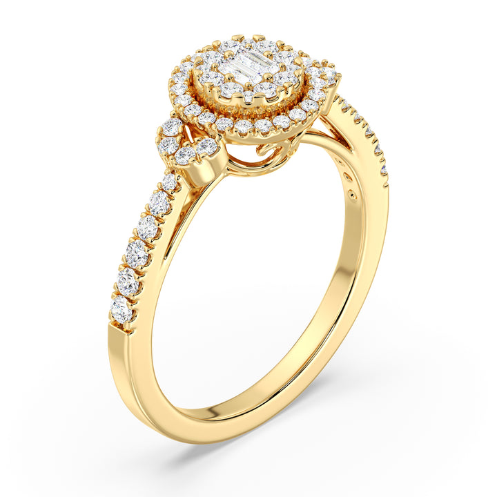 Round Cluster Halo Engagement Ring in 18K yellow gold featuring 0.54 CTTW lab-grown diamonds with round and baguette shapes, radiating brilliance and timeless elegance.