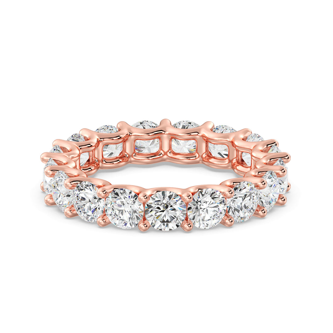 Round Lab-Grown Diamond Scallop Eternity Band in 18K Rose Gold adorned with 3.40 carats of EF/VS diamonds in a shared prong setting with a scalloped profile