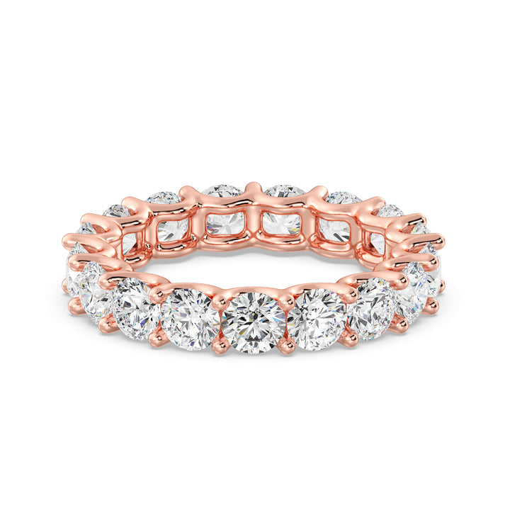 Round Lab-Grown Diamond Scallop Eternity Band in 18K Rose Gold adorned with 3.40 carats of EF/VS diamonds in a shared prong setting with a scalloped profile
