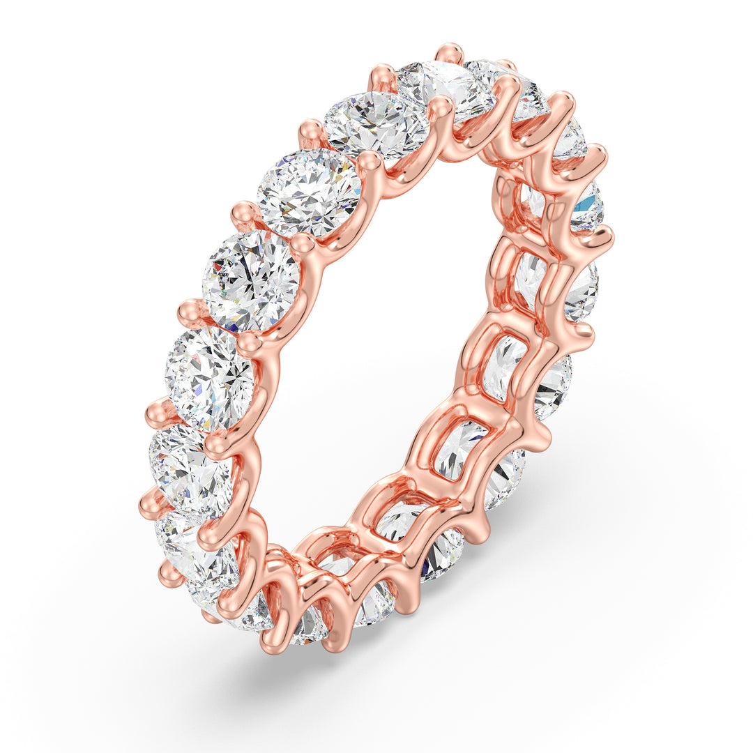 Round Lab-Grown Diamond Scallop Eternity Band in 18K Rose Gold adorned with 3.40 carats of EF/VS diamonds in a shared prong setting with a scalloped profile