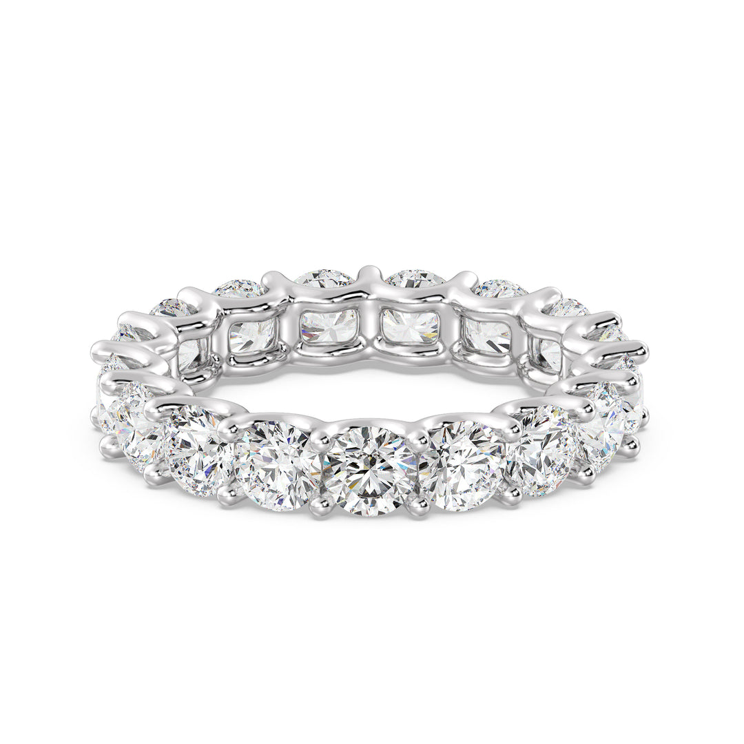 Round Lab-Grown Diamond Scallop Eternity Band in 18K White Gold showcasing 3.40 carats of EF/VS diamonds in a shared prong setting with a scalloped profile