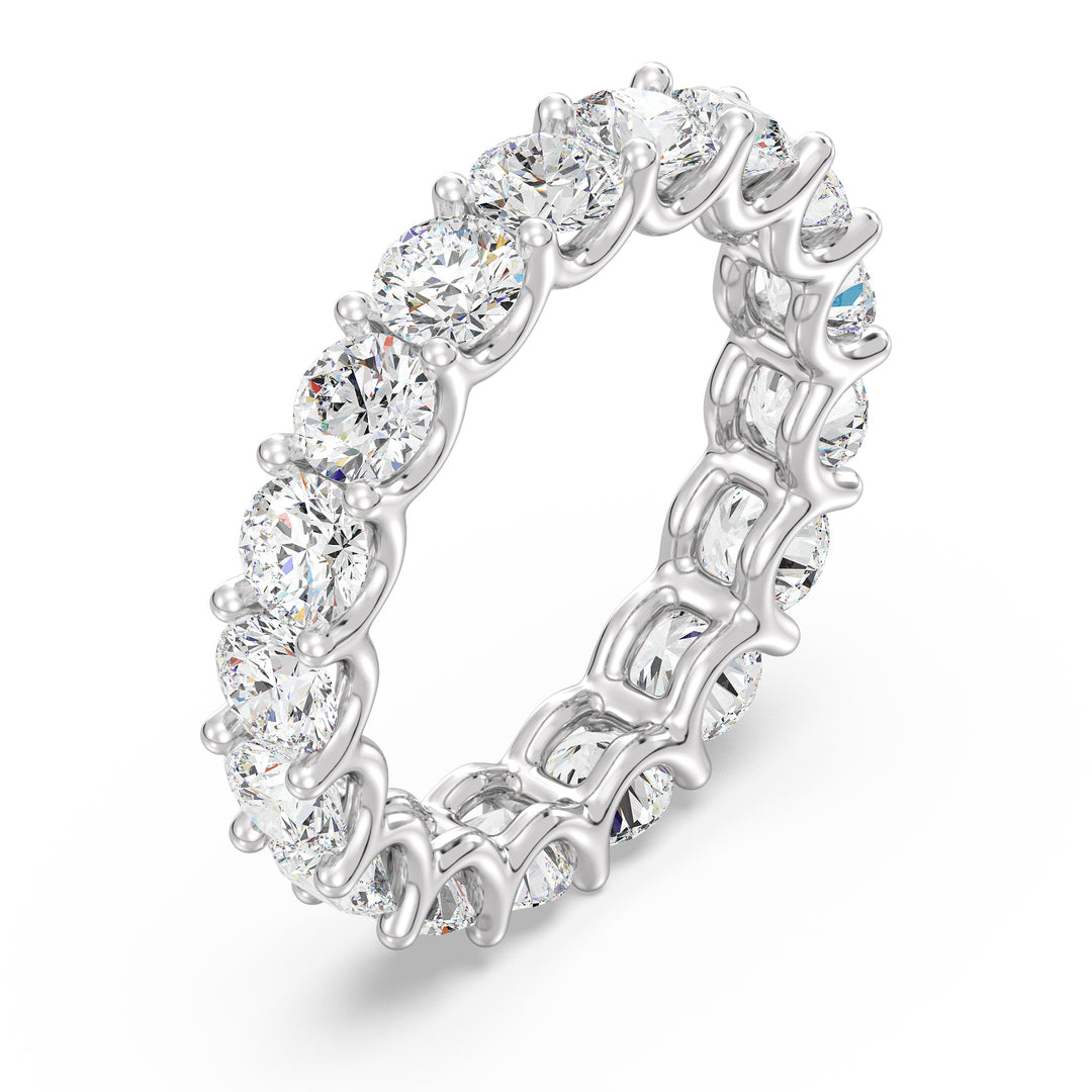 Round Lab-Grown Diamond Scallop Eternity Band in 18K White Gold showcasing 3.40 carats of EF/VS diamonds in a shared prong setting with a scalloped profile