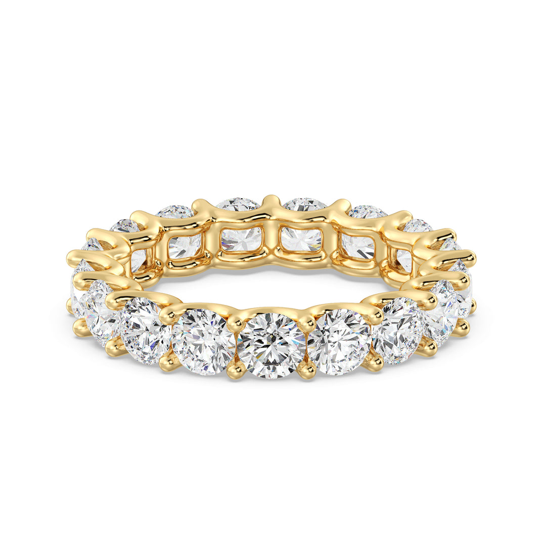 Round Lab-Grown Diamond Scallop Eternity Band in 18K Yellow Gold featuring 3.40 carats of EF/VS diamonds in a shared prong setting with a scalloped profile