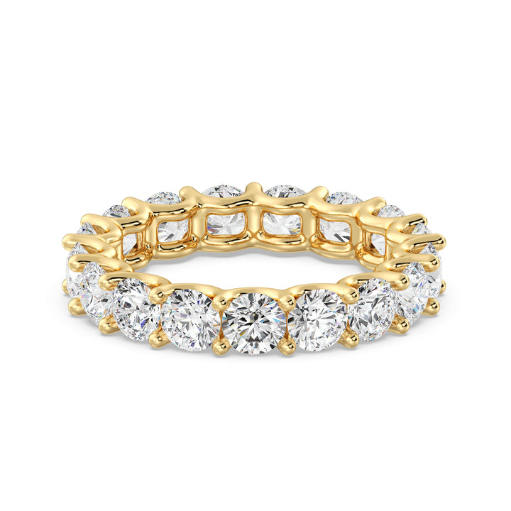 Round Lab-Grown Diamond Scallop Eternity Band in 18K Yellow Gold featuring 3.40 carats of EF/VS diamonds in a shared prong setting with a scalloped profile
