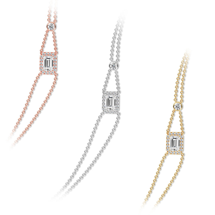 Sophisticated double-chain bracelet in 18K gold, showcasing a 1ct emerald-cut lab-grown diamond encircled by a halo of 19 round EF/VS lab-grown diamonds