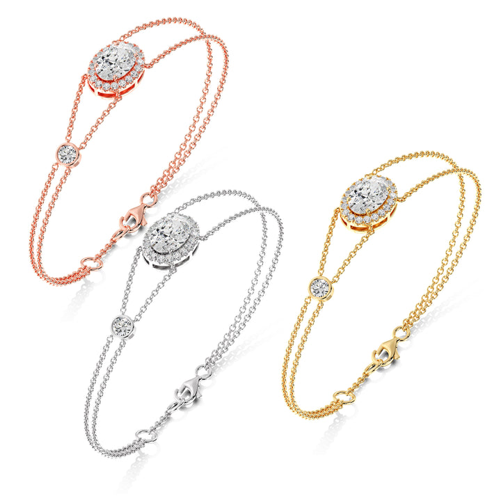 Double Chain 18K Gold Bracelet featuring a 1ct Oval-Cut Lab-Grown Diamond in a halo setting, surrounded by 20 Round-Cut EF/VS Lab-Grown Diamonds for a warm, romantic elegance