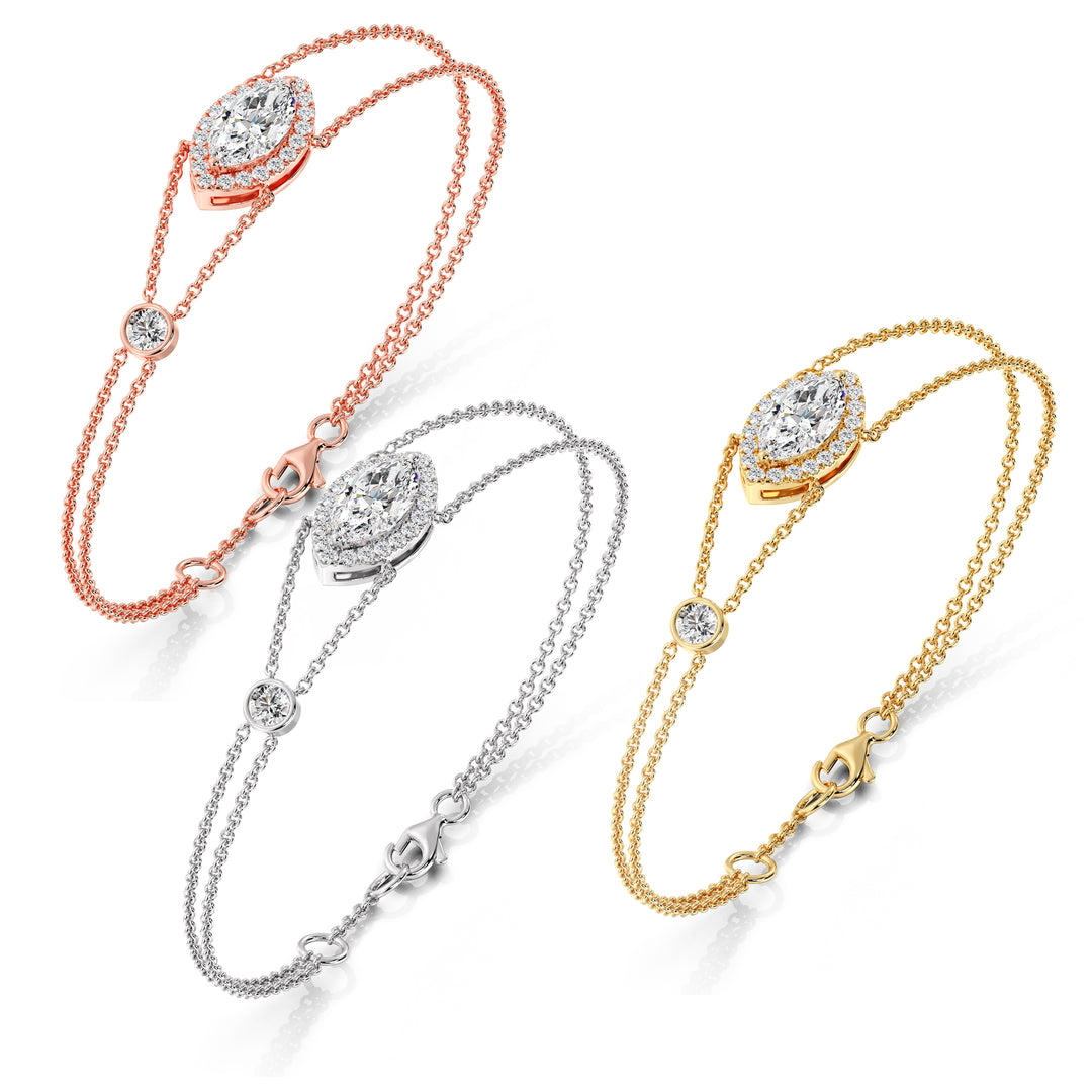 Halo-Set Marquise-Cut Diamond Solid Gold Chain Bracelet