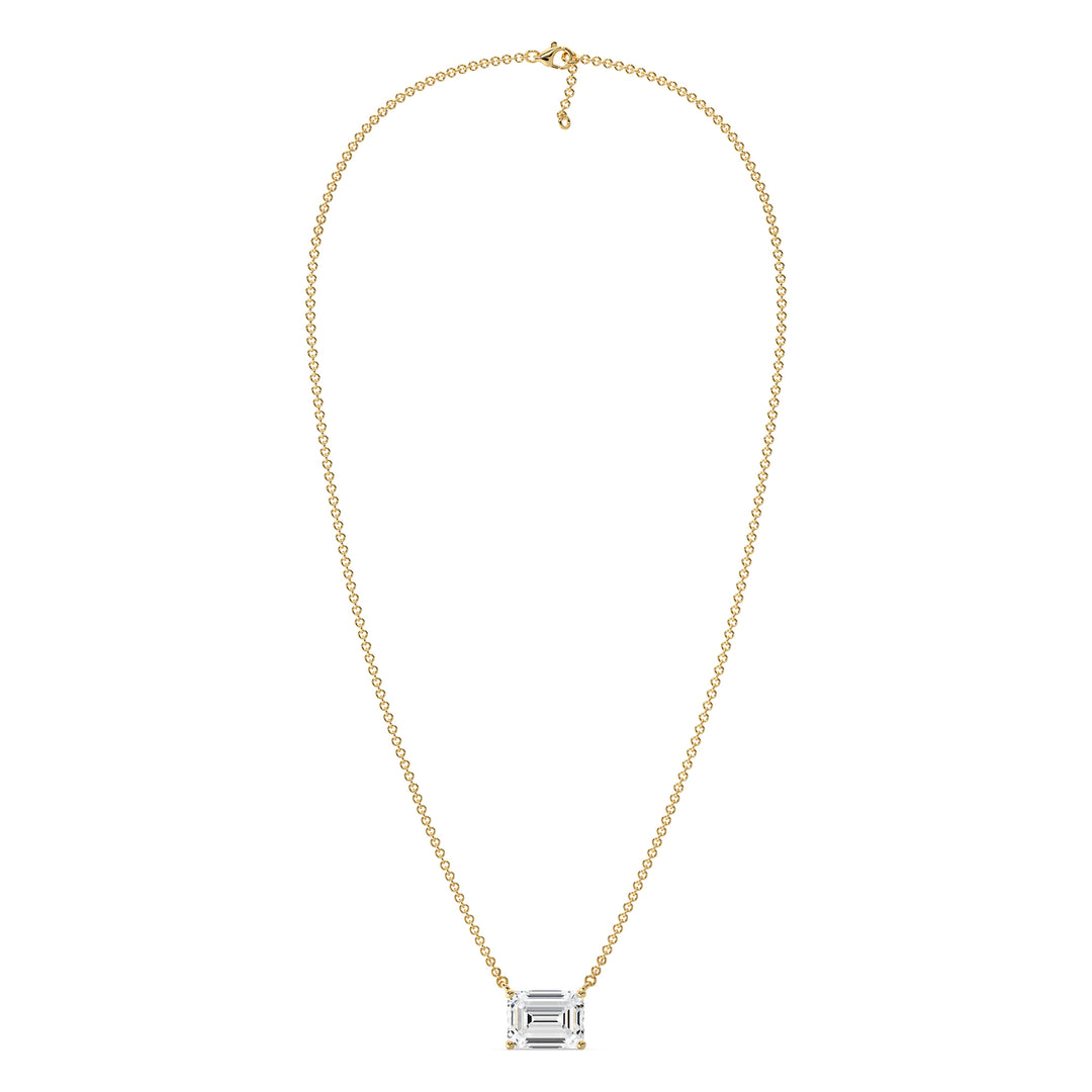 Image of a 2.00 Carat Lab-Grown Emerald-Cut Diamond Solitaire Pendant Necklace in 18K Yellow Gold, featuring a radiant emerald-cut diamond in a classic prong setting on a polished yellow gold chain