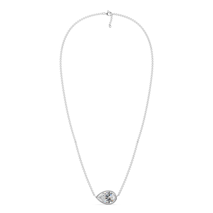 2 Carat Pear-Cut Lab-Grown Diamond Bezel-Set Solitaire Pendant Necklace in 18K White Gold with a classic, luminous design and a brilliant teardrop-shaped diamond