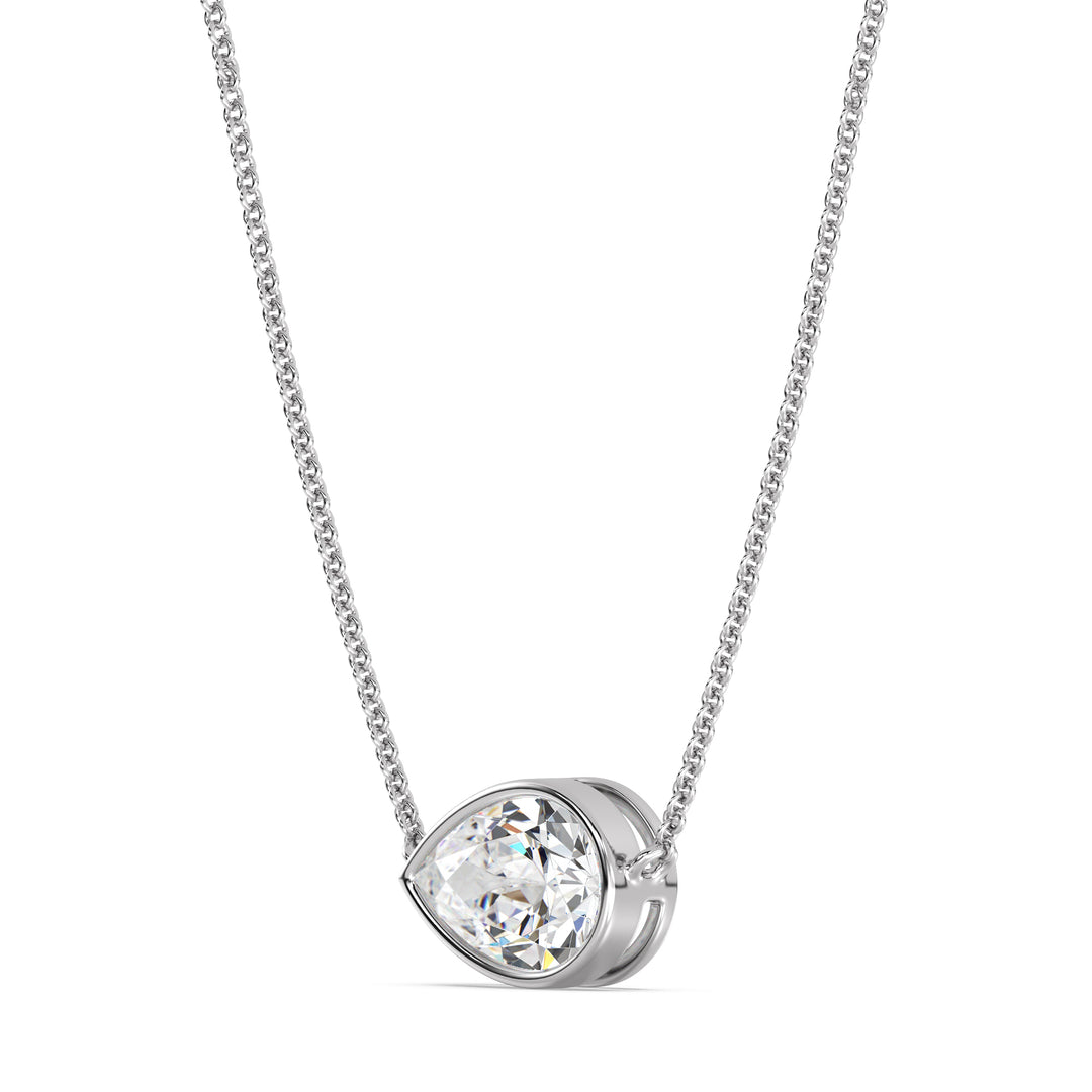 2 Carat Pear-Cut Lab-Grown Diamond Bezel-Set Solitaire Pendant Necklace in 18K White Gold with a classic, luminous design and a brilliant teardrop-shaped diamond