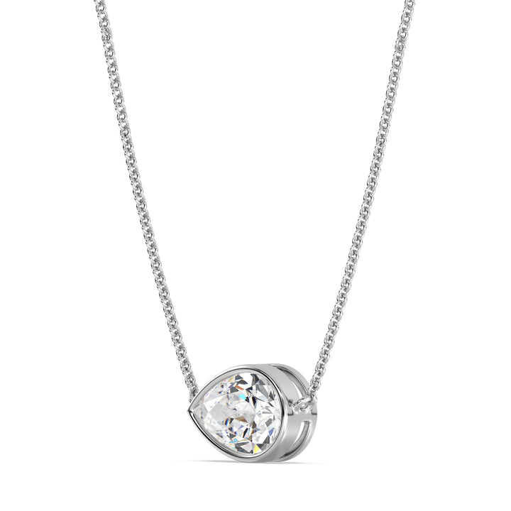 2 Carat Pear-Cut Lab-Grown Diamond Bezel-Set Solitaire Pendant Necklace in 18K White Gold with a classic, luminous design and a brilliant teardrop-shaped diamond
