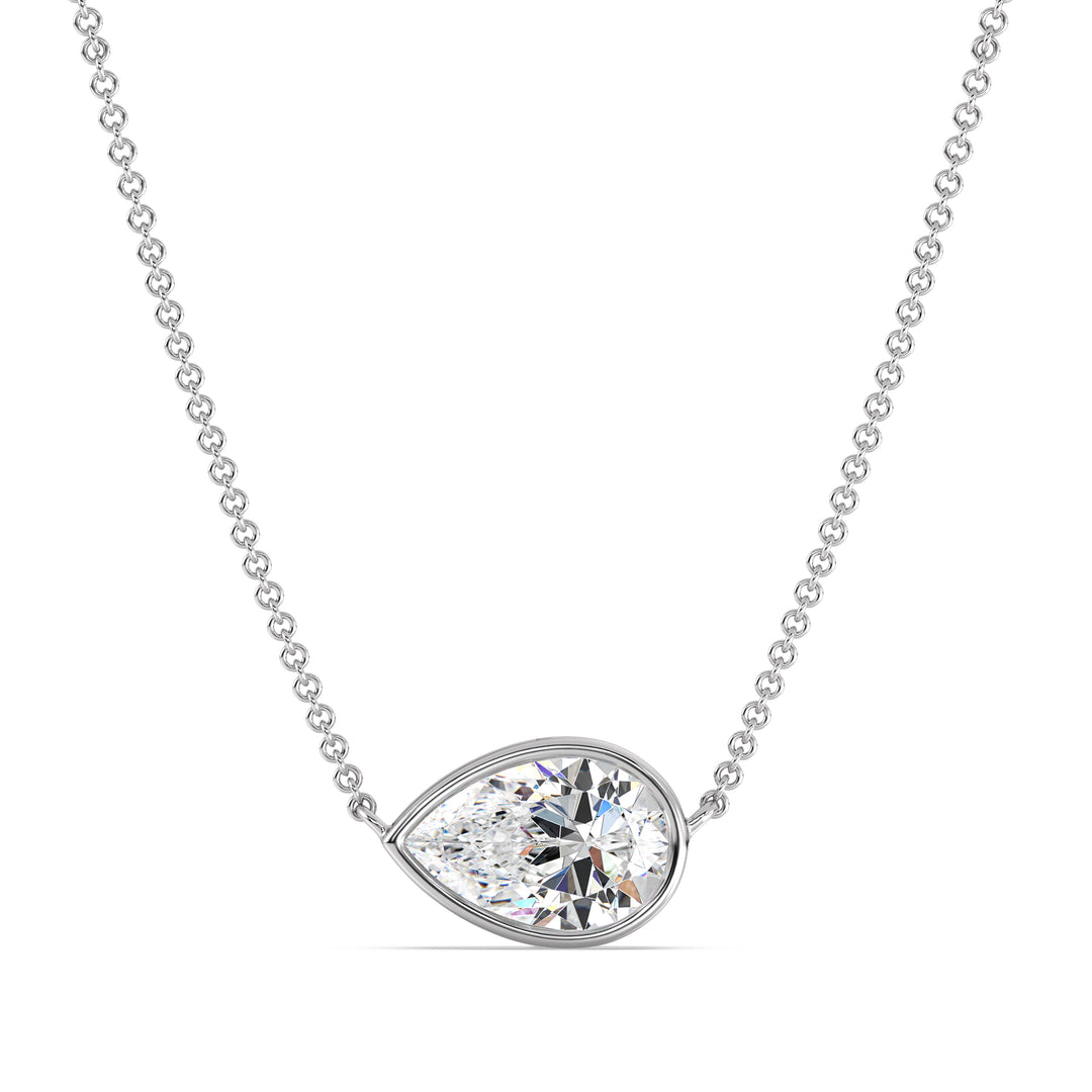 2 Carat Pear-Cut Lab-Grown Diamond Bezel-Set Solitaire Pendant Necklace in 18K White Gold with a classic, luminous design and a brilliant teardrop-shaped diamond